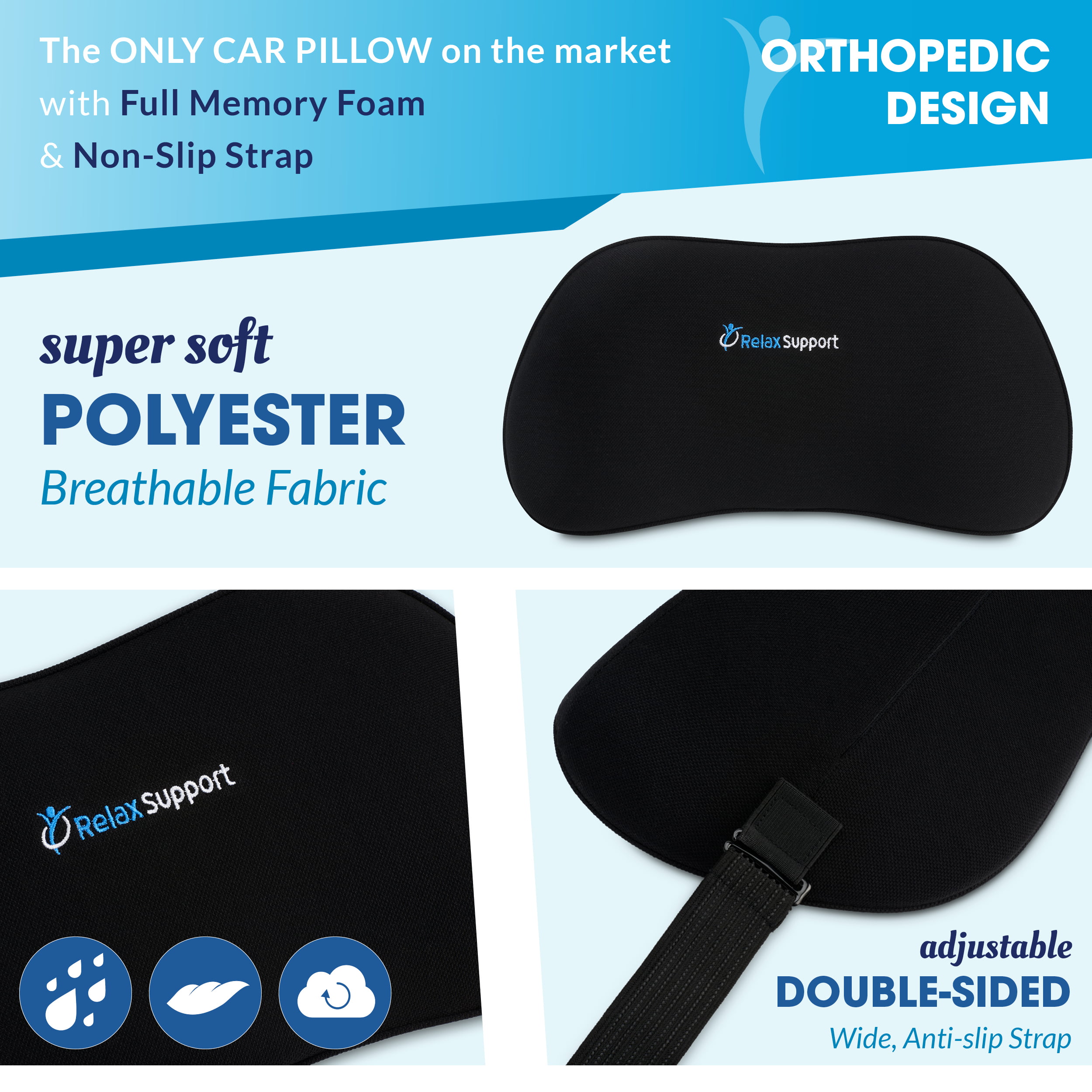 Relax Support - RS9 Black Lumbar Support Pillow - 100% Memory Foam