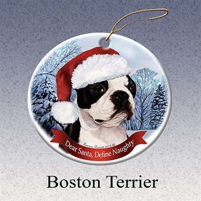 Boston Terrier Dog Ornament - Holiday Pet Gifts Boston Terrier Santa Hat Dog Porcelain Christmas Tree Ornament