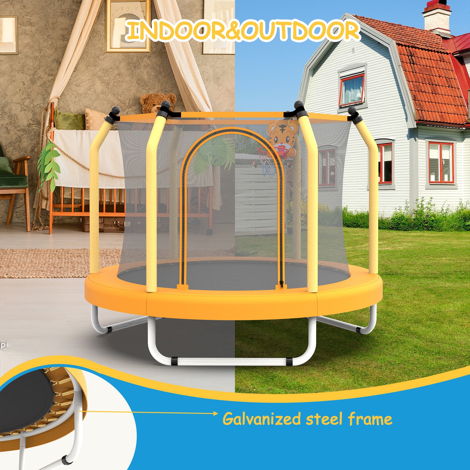 55" Toddler Trampoline with Safety Enclosure Net, Trampoline Indoor & Outdoor, Mini Trampoline for Kids 1-8 with Basketball Hoop, Ball and Thick Foam Protection, Birthday Gifts for Boy & Girl