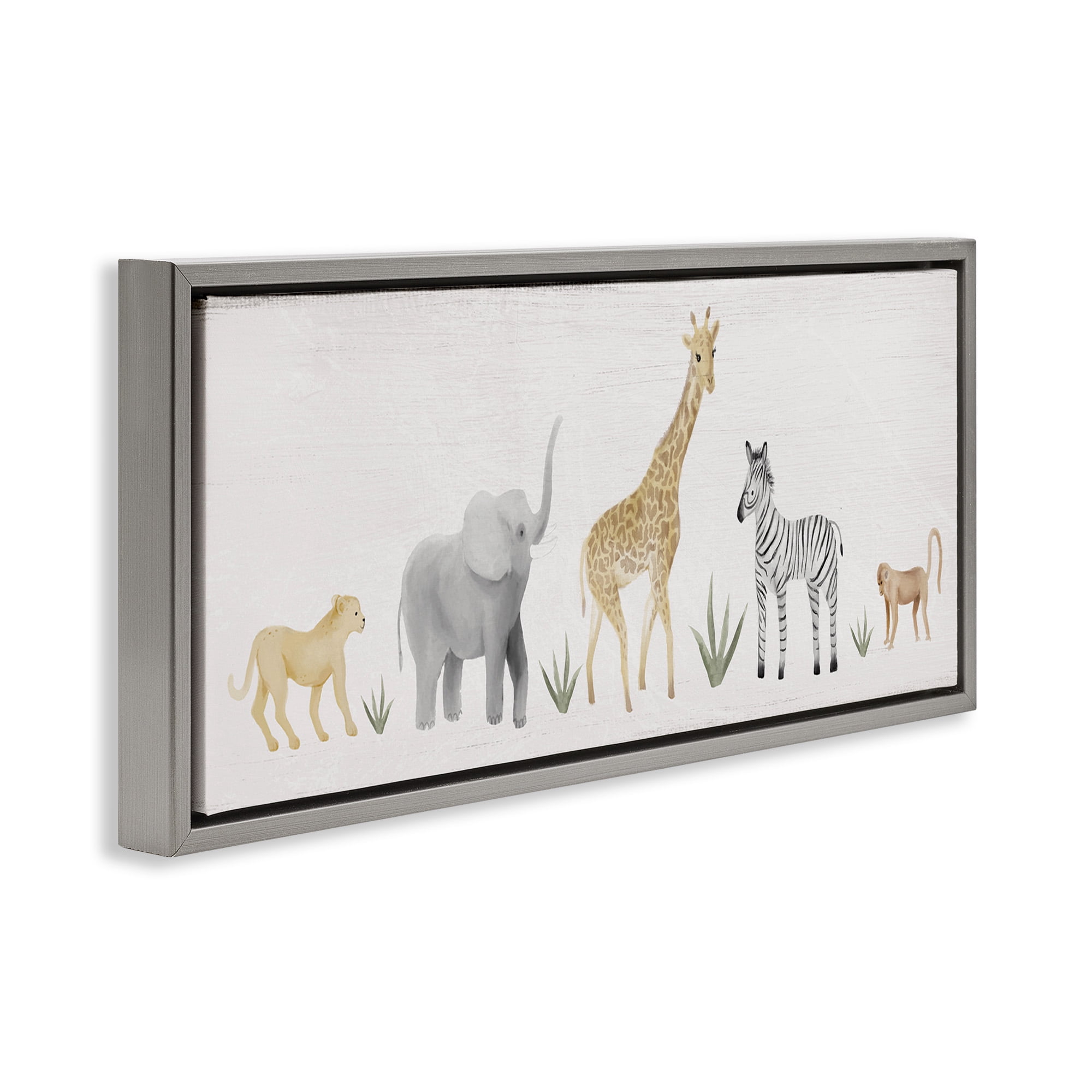 Stupell Industries Adorable Jungle Animals Wildlife Animals & Insects Painting Gray Floater Framed Canvas Art Print Wall Art, 31 x 14