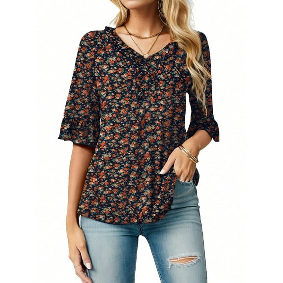 Am Direct Women's Casual V Neck T Shirts Loose Summer Fall 3/4 Bell Sleeve Tops Ruffle Tunic Blouses