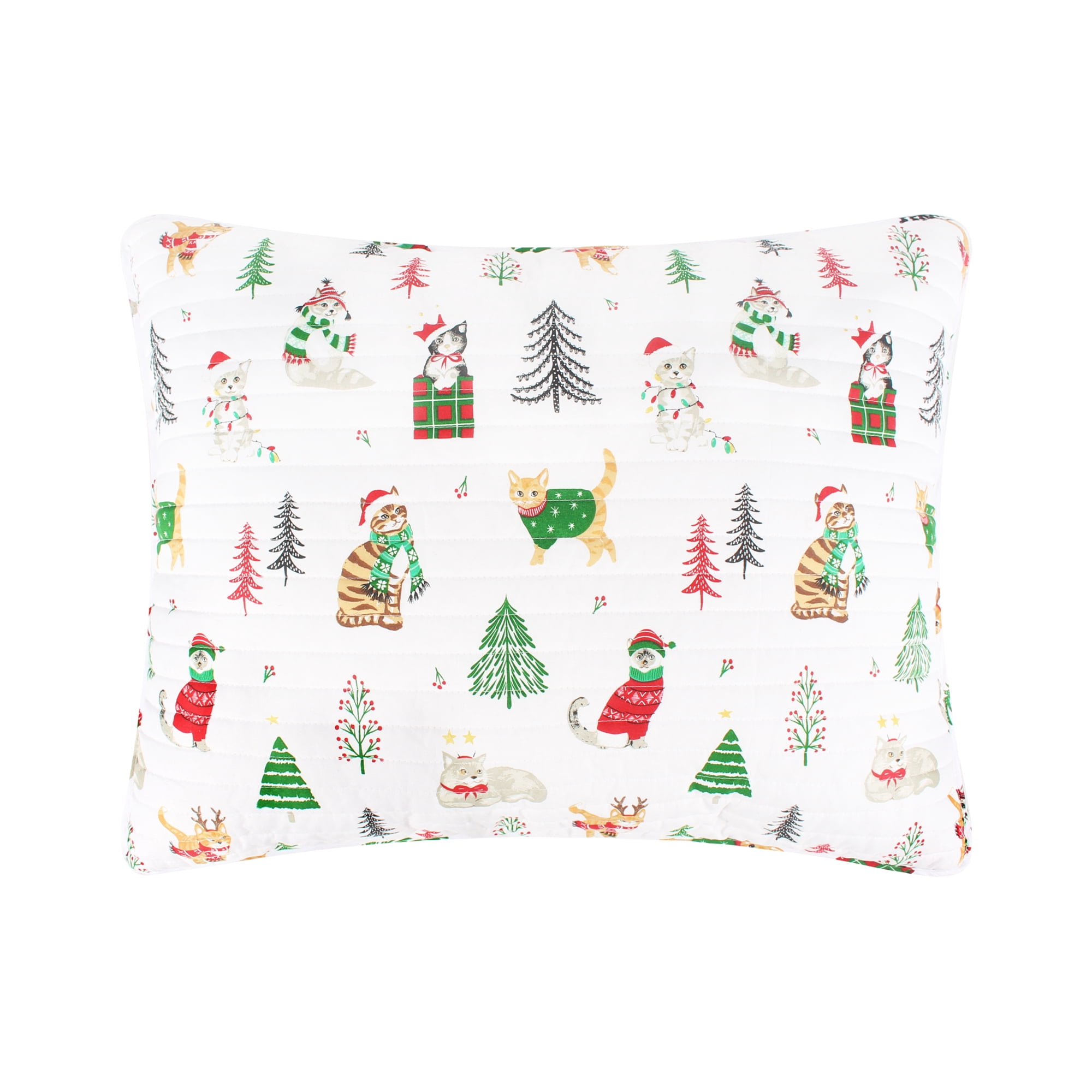 Levtex Home - Meowy Christmas Quilt Set - Full/Queen Quilt and Two Standard Shams - Red, Green, Grey and White - Quilt (88x92in.) and Shams (20x26in.) - Reversible - Cotton/Polyester