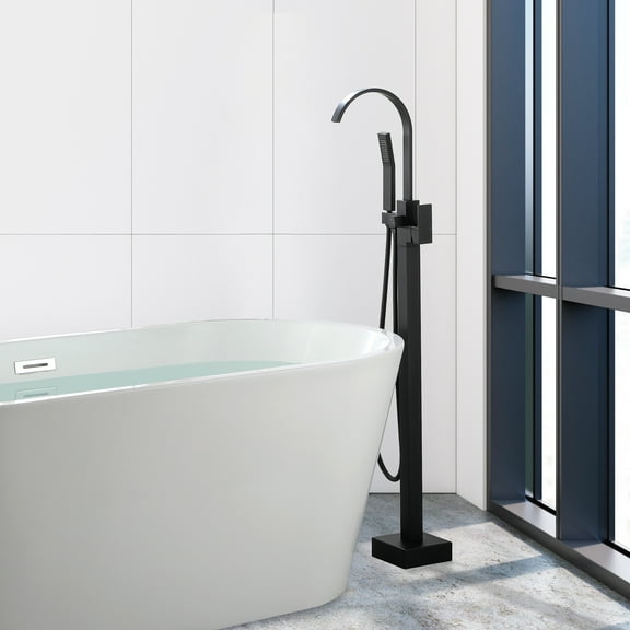 Dual Shower Heads Floor-Mounted bathtub faucet Claw design with 59in hose Handheld Shower, Using Pressure-Balanced Control, Hand Shower Mixer for Bathroom Sink, 3 Holes Standing Tub Filler-Matte Black