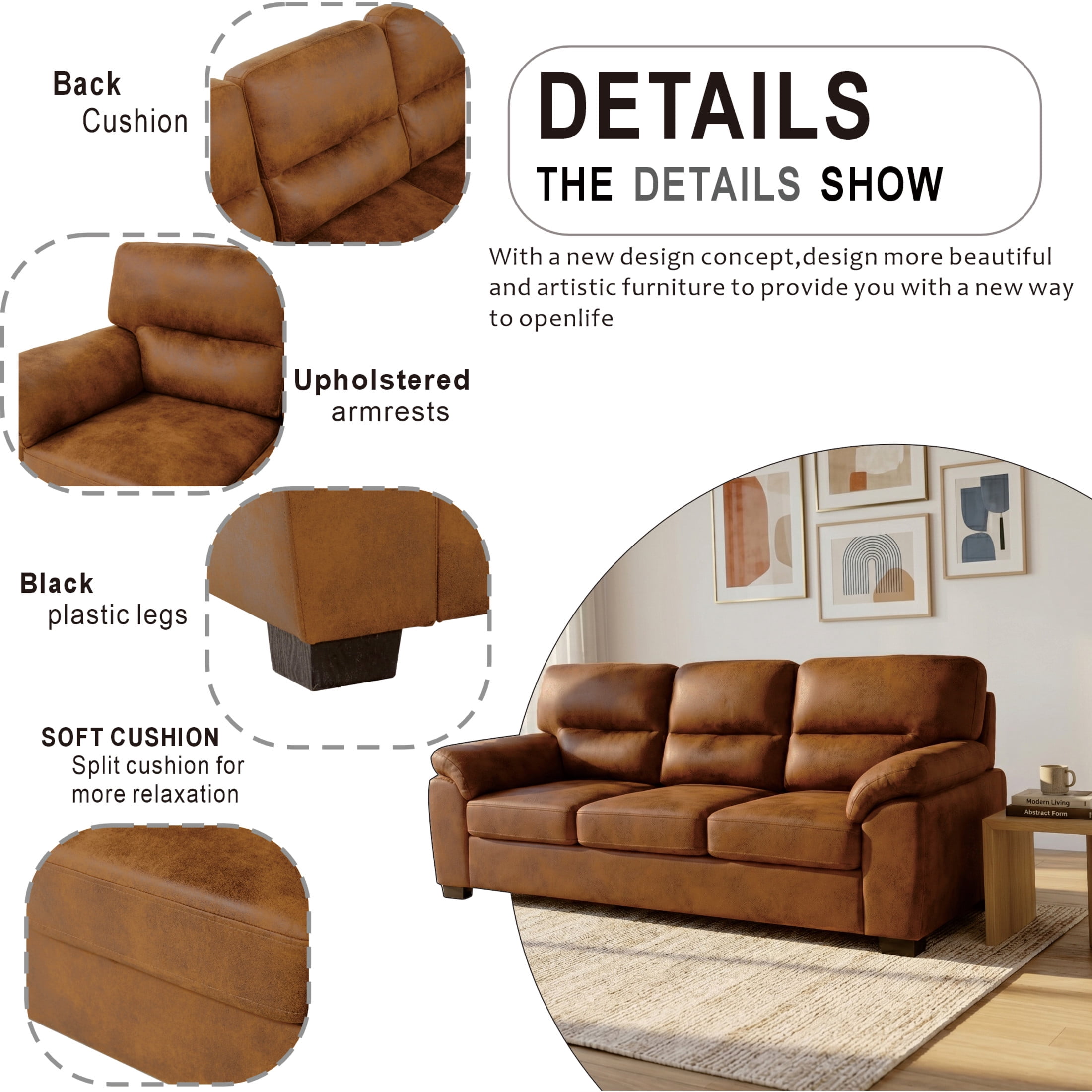 Noble House 81" Modern Sofa with Pillow Top Arms, Foil Fabric Upholstery, Light Brown