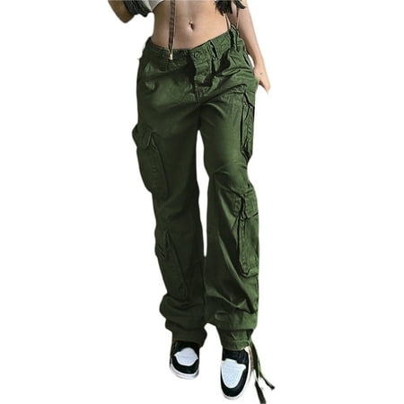Women Casual Cargo Pants, Adults Loose Solid Color Zipper Trousers with Pockets  Khaki 