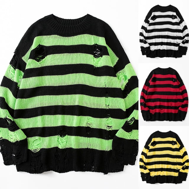 Slouchy Striped Sweaters for Women Oversized Ripped Shirts Long Sleeve Crewneck Pullover Knitted Fall Top