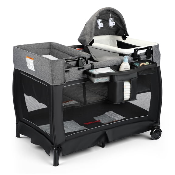 AILEEKISS 3-in-1 Foldable Baby Playard with Bassinet and Changing Table for Newborn, Black