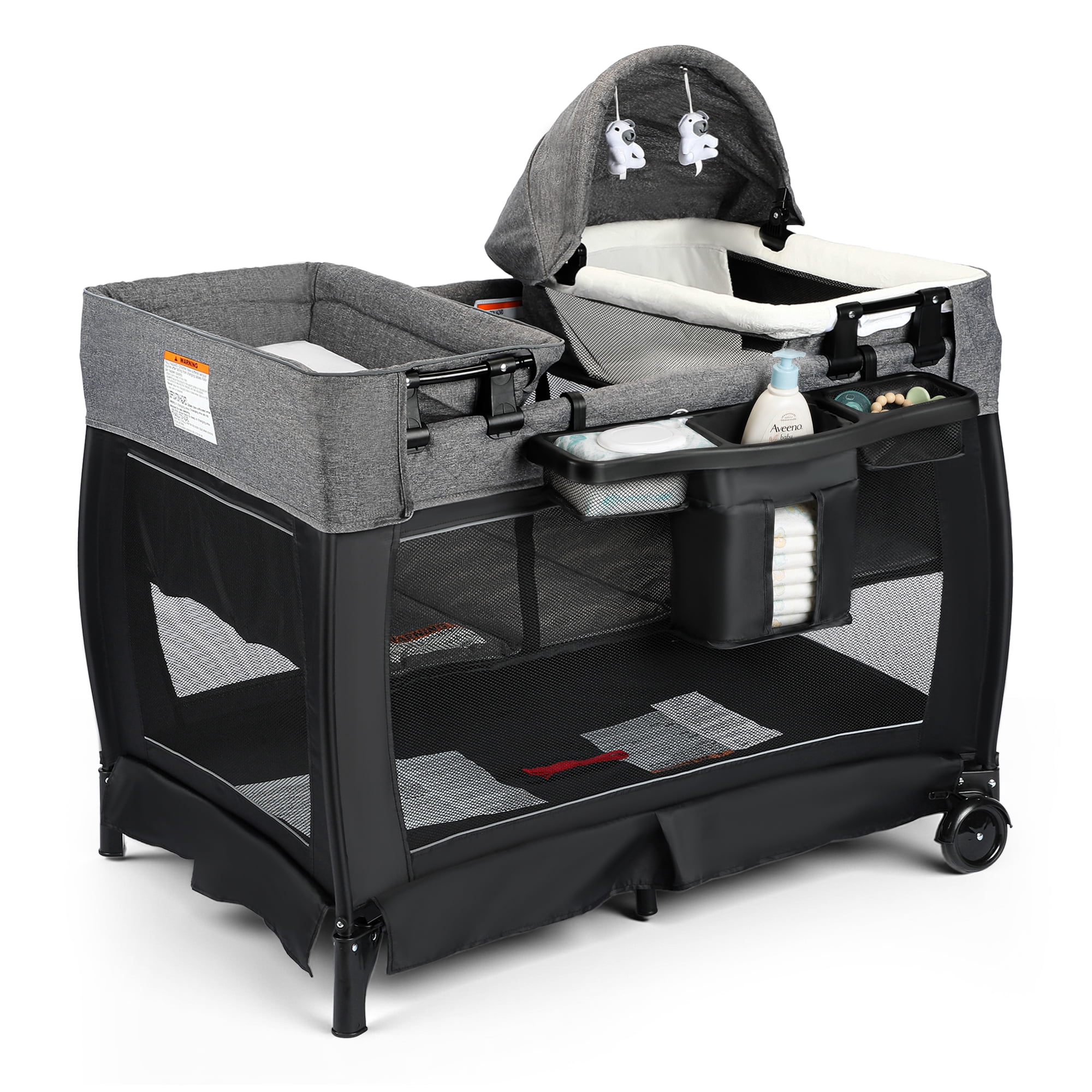 AILEEKISS 3-in-1 Foldable Baby Playard with Bassinet and Changing Table for Newborn, Black