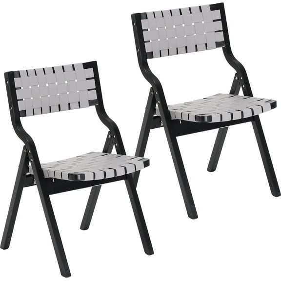 Wood Folding Chairs, Indoor Stackable Dining Chairs with Woven Seat & Webbing Back, Set of 2