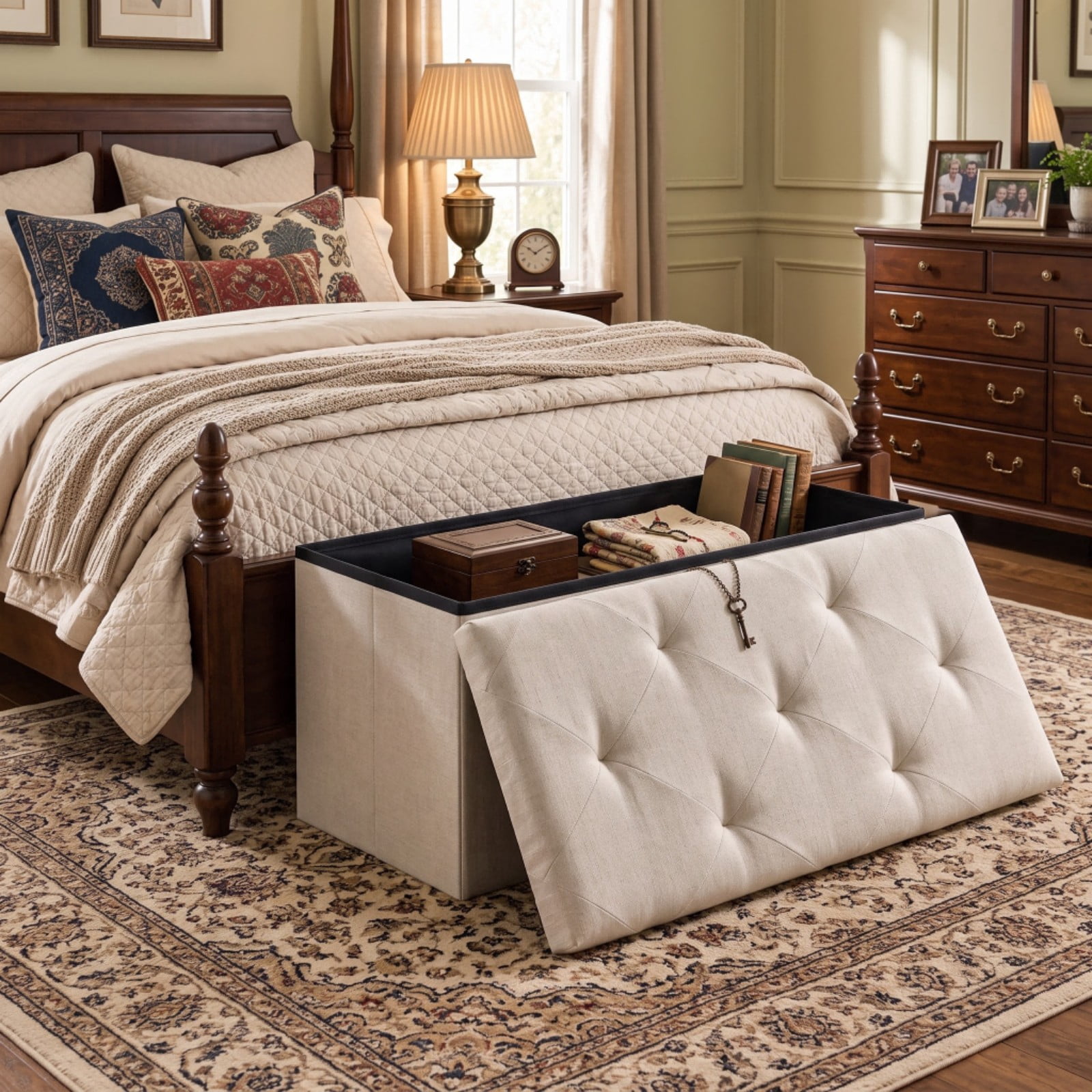 Telyra 43" Foldable Storage Ottoman Bench Fabric Footrest Stool with Foam Padded Seat, Beige