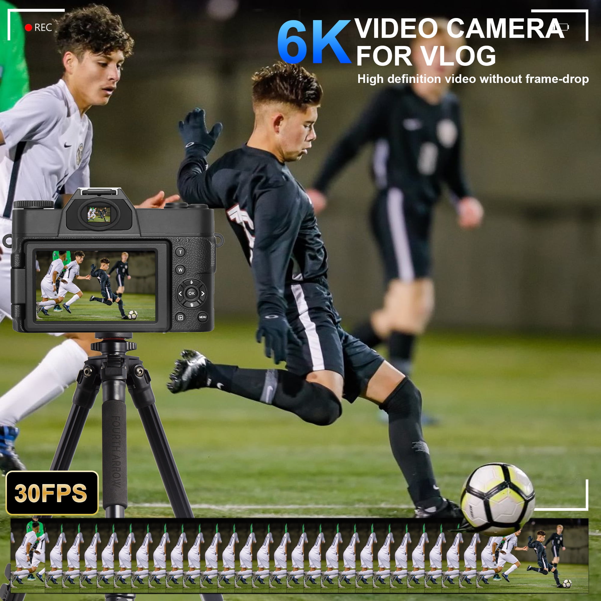 Ourlife 6K Digital Camera 64MP 16X Zoom WiFi, Wide-Angle & Macro Lens Autofocus WiFi Vlogging Camera for Youtube Tiktok Content Creator 64GB Card Black