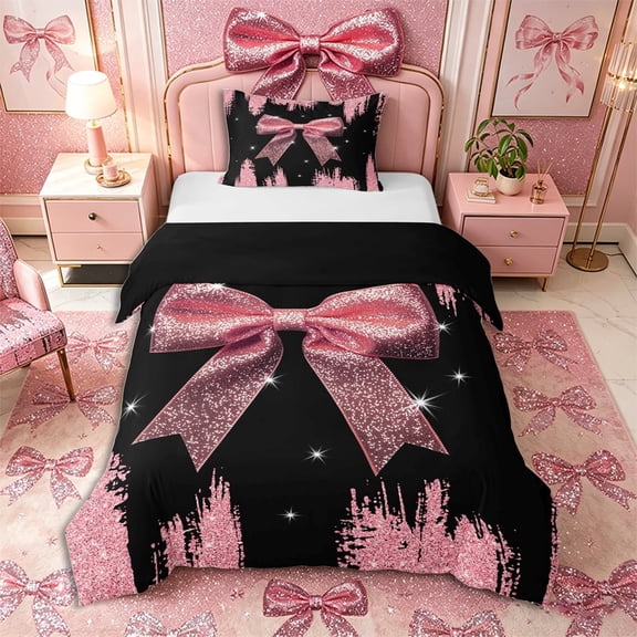 Meiyoeat Girly Pink Bow Twin Duvet Cover for Teens, Sparkle Glitter Print Twin Bedding for Bedroom,Black Reversible,2pcs,No Comforter