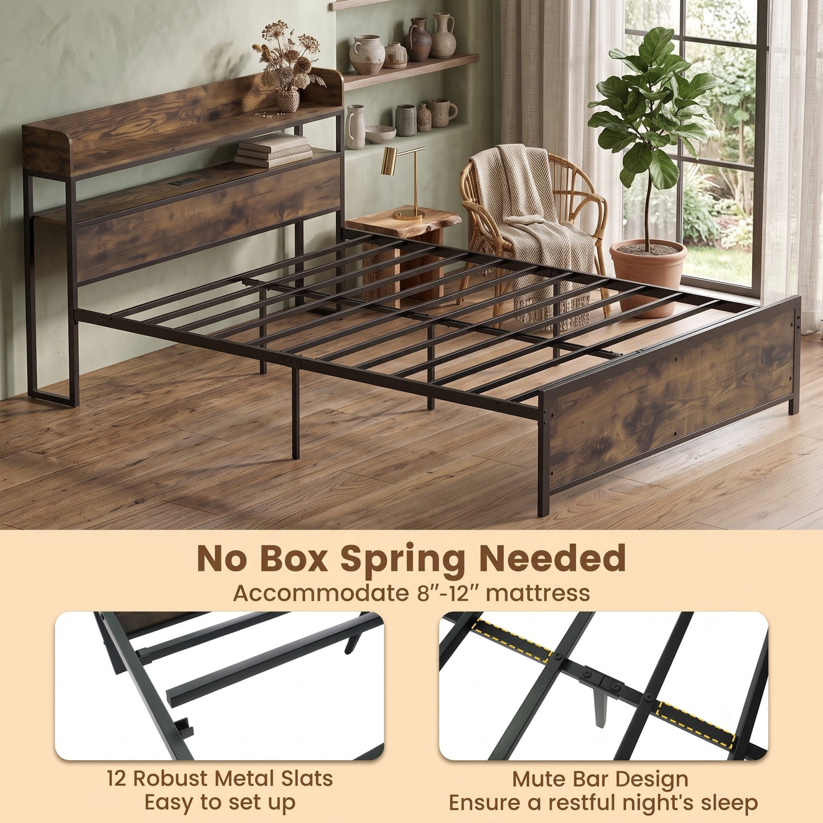 Furnibear Queen Size Bed Frame with Storage Headboard, LED Platform Bed Frame with Power Outlets and USB Ports, Rustic Brown