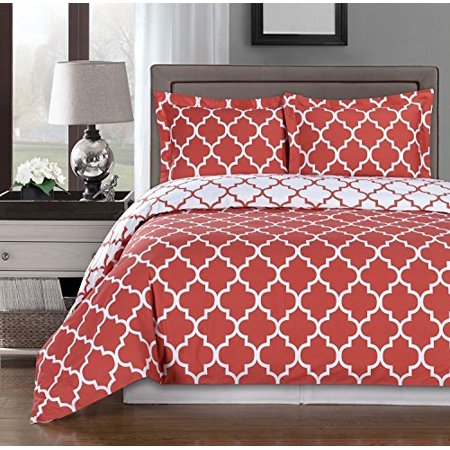 Coral - White Full / Queen Printed Meridian 100% Combed Cotton Percale Duvet - Goose Down Alternative Comforter Set with Pillowshams