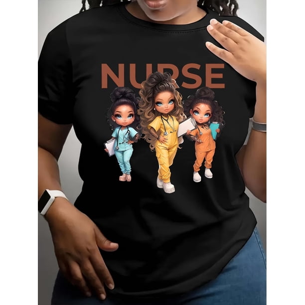 Camiseta para mujer con motivo del Día de la "ENFERMERA" - Morado vibrante con dibujos de enfermeras, cuello redondo informal, manga corta, algodón transpirable para primavera y verano, ideal para pra