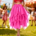 thumbnail image 2 of Women's Ruffled Tulle Midi Skirt High Waisted Satin Bow Irregular Hem Mesh Midi Skirts Stretchy Comfy Layered Party Outfits, 2 of 4