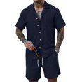 thumbnail image 3 of Men'S Camp Collar Jacquard Button Up Shirt and Drawstring Shorts Two Piece Outfit Navy Blue M, 3 of 9
