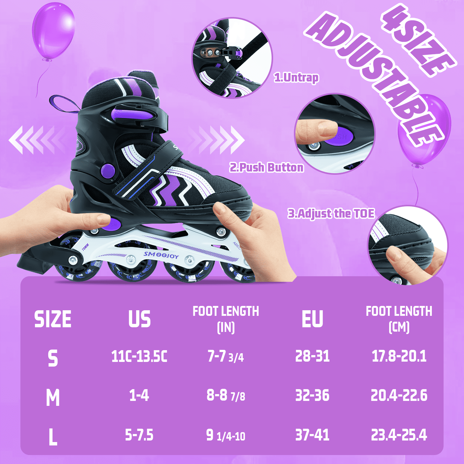 JZY Kids Inline Skates with Light-Up Wheels,4-Size Adjustable & Aluminum Frame Skate for Boys and Girls,Ideal for Beginners Ages 5-12