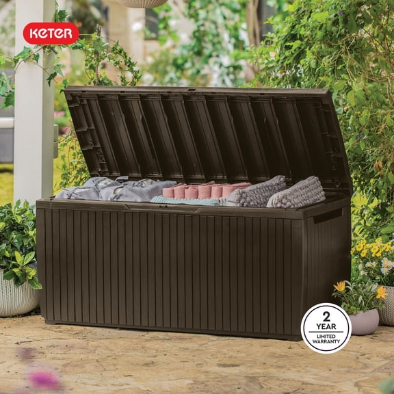 Keter Springwood 80 Gallon Durable Resin Outdoor Deck Box Storage Organizationn, Brown