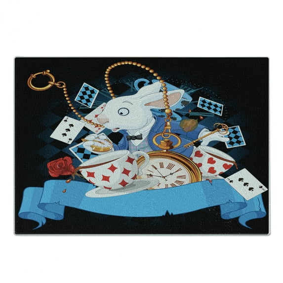 Alice in Wonderland Cutting Board, Rabbit Motion Cups Hearts and Flower Character Alice Cartoon Style, Decorative Tempered Glass Cutting and Serving Board, Small Size, Multicolor, by Ambesonne