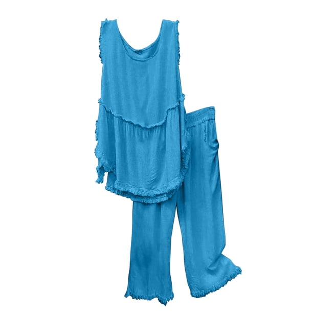 Conjunto de pantalones y tops de camisa sin mangas con cuello redondo liso para mujer Wmkox8yi bvn3738