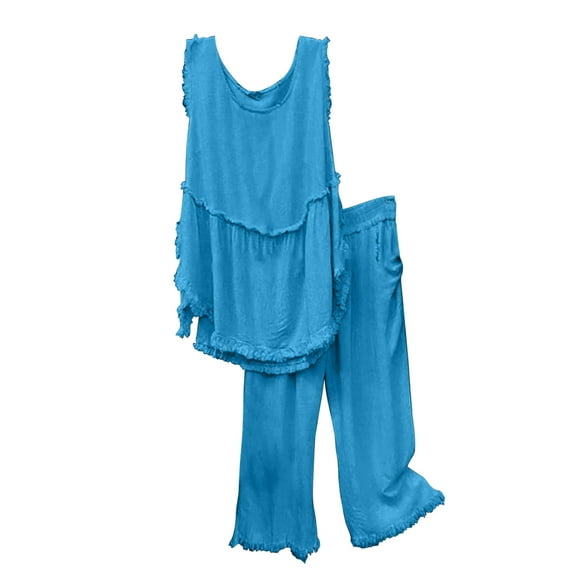 Lindreshi Womens 2 Piece Outfit Summer Women's Solid Crewneck Sleeveless Pullover Shirt Tops Pants Trousers Set