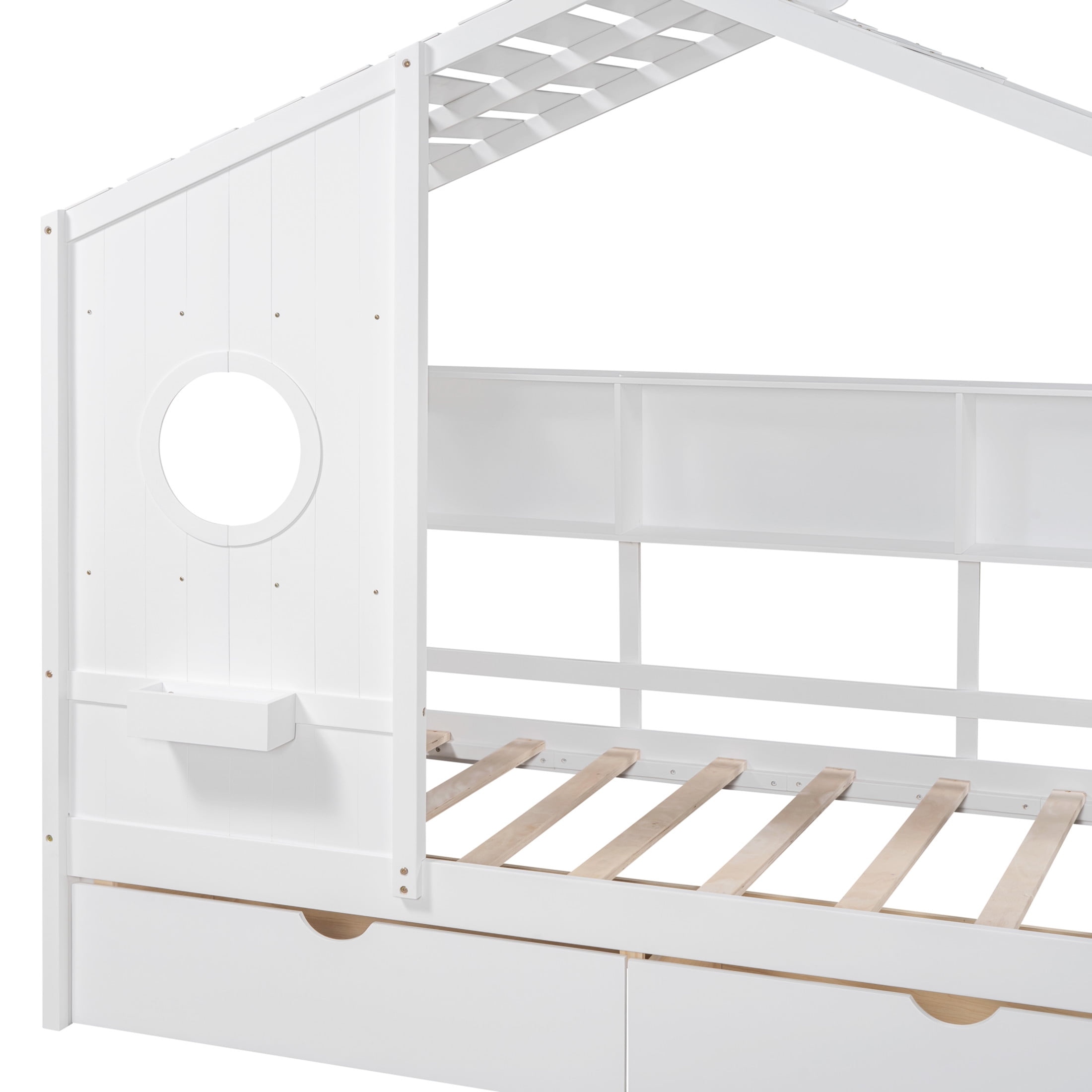 Noble House Wooden Twin Size House Bed with 2 Drawers,Kids Bed with Storage Shelf, White