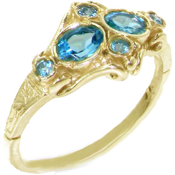 British Made 14k Yellow Gold Real Genuine Blue Topaz Womens Band Ring - Size 10
