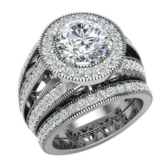 Wedding Ring Set 14K White Gold Halo Rings for Women 8.00 MM 3.95 Carat (Moissanite Center)