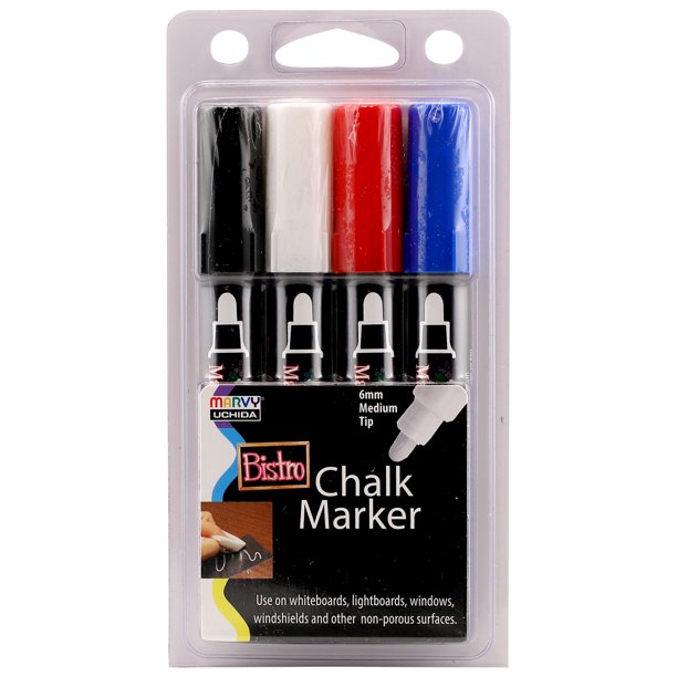 Marvy Uchida Bistro Chalk Marker, Broad Tip, Primary Colors, 4 Pc Set