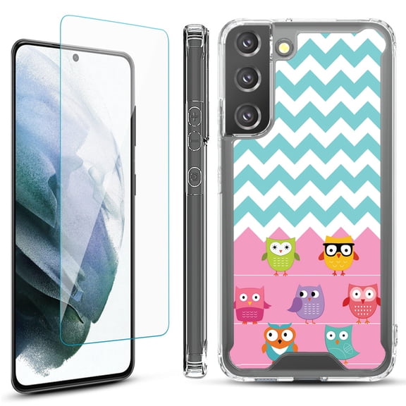 Shockproof Bumper Phone Case for Samsung Galaxy S22  / S22 Plus 5G, with Tempered Glass Screen Protector, by OneToughShield ® - Chevron/Teal/Owl