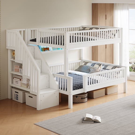 Mintazer Full XL over Queen Bunk Bed with LED Bookshelf & Storage Staircase for Bedroom, White