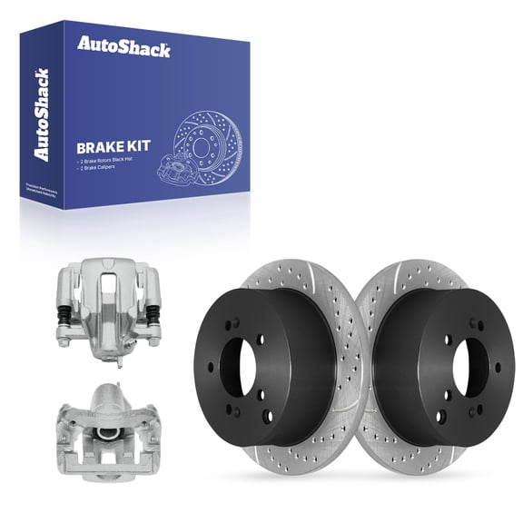 AutoShack Rear Solid Drilled & Slotted E-Coated Brake Rotors   Calipers 4-PC Brake Kit Replacement for 2005-2010 Kia Sportage 2005-2009 Hyundai Tucson ShadowGuard 11.18" (284 mm)