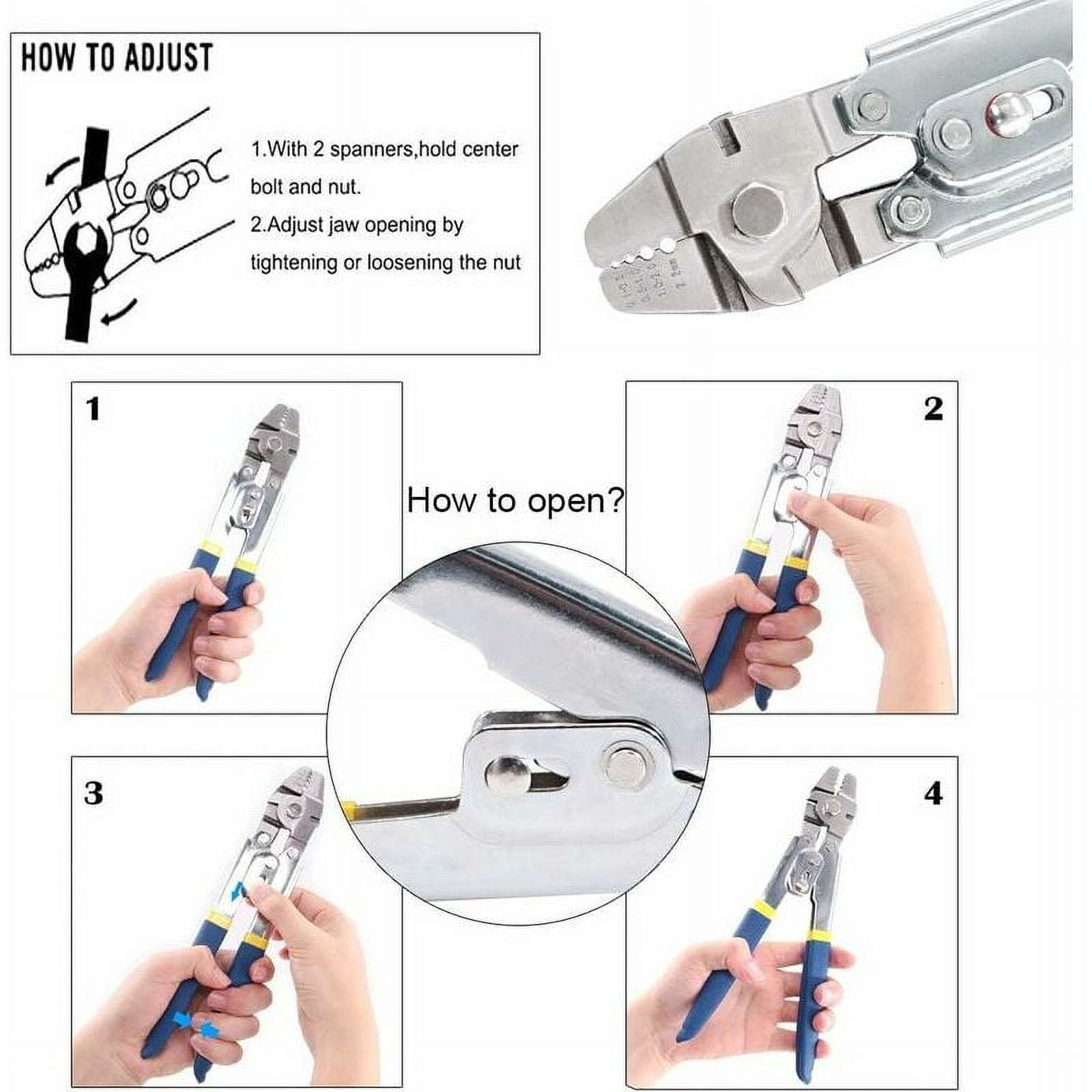 Crimping tool for wire rope up to 2.2 mm with 150 aluminum double barrel crimp sleeves in 3 sizes