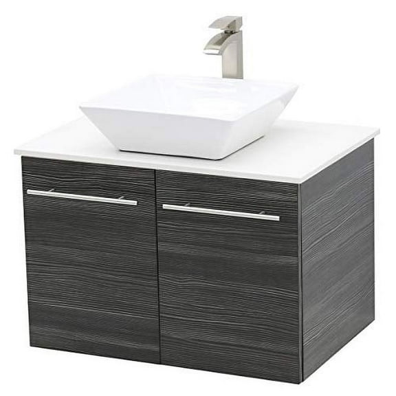WINDBAY WindBay Wall Mount Floating Bathroom Vanity Sink Set. Dark Grey Vanity, White Flat Stone Countertop Ceramic Sink - 36"