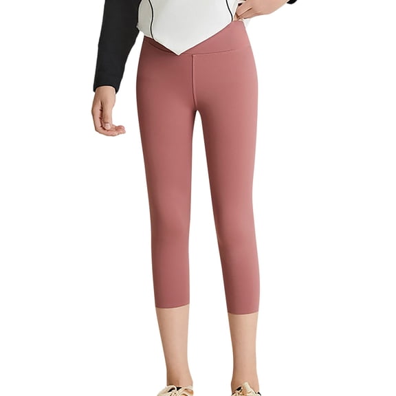 CPNG Girls Slim Fit Thin Yoga Cropped Pants Solid Color Casual Capri Pants Elastic High Waist Workout Pants Sports Trousers