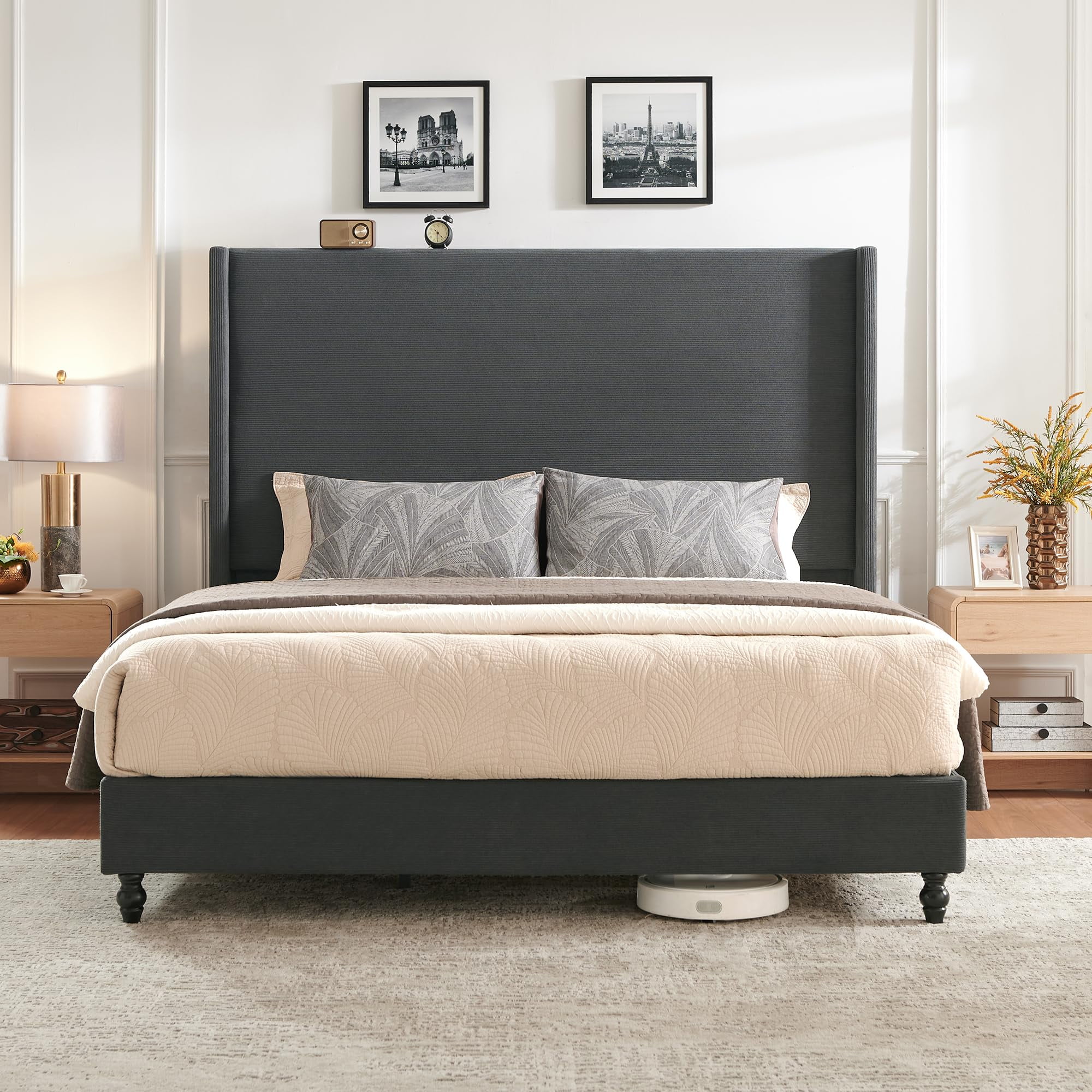 VanAcc King Bed Frame with 65" Tall Headboard, Horizontal Fine Corduroy Bed Frame with Upholstered Wingback, Vintage Solid Wood Gourd Legs, Black