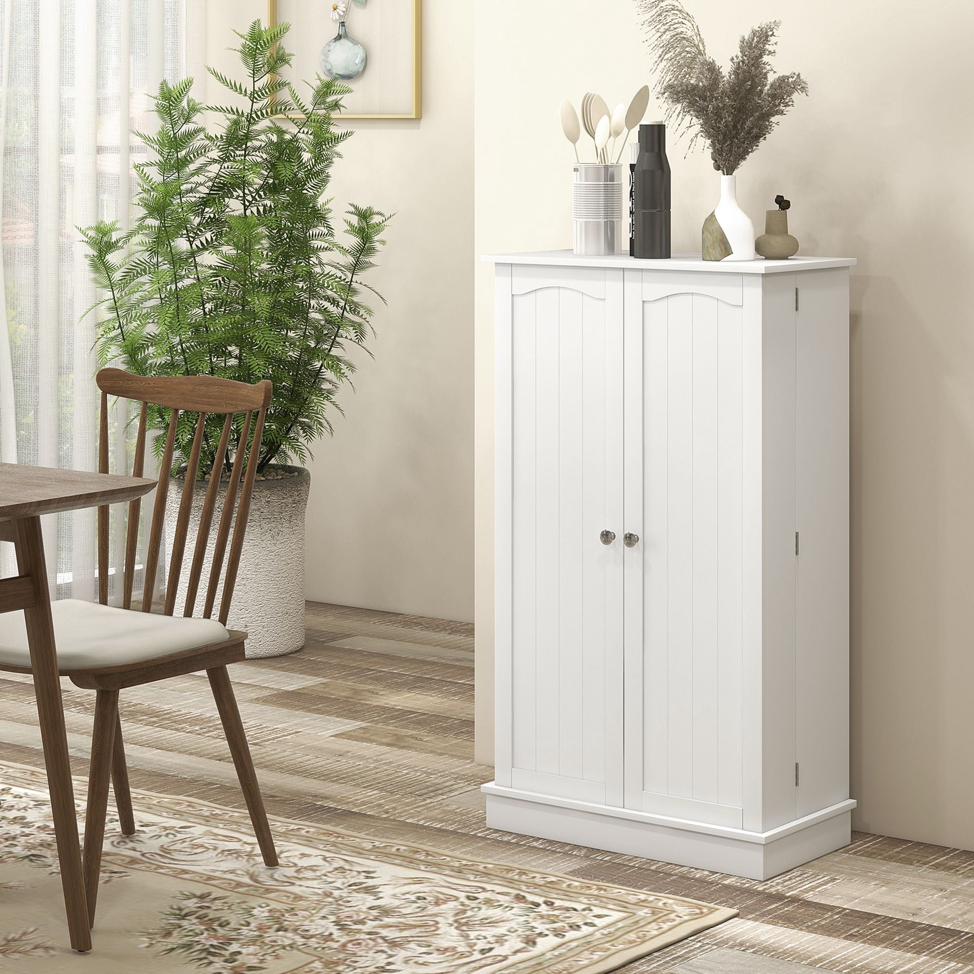 Kitchen Pantry Storage Cabinet with Adjustable Shelves & 12 Spice Racks, Freestanding Food Pantry Cupboard Anti-Tip Design MDF Organizer for Kitchen Dining Entryway White