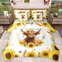 Homewish Rustic Cow Animal Bedding Comforter Set 7 Pieces, Vibrant Yellow Sunflower Full Bedding Set, Farmhouse Plant Botanical Reversible Fitted Sheet Flat Sheet, Lightweight Room Decor