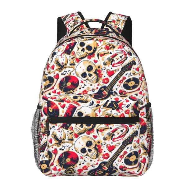 Easygdp Guitar Skull rock Mochila Ergonómica Versátil para Laptop - Múltiples Bolsillos, Correas Ajustables, Unisex para Escuela, Viajes y Actividades al Aire Libre-One Size