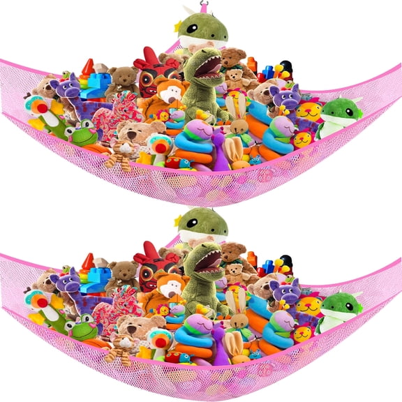 Stuffed Animal Storage Net Hammock Corner, 2 Pack Toy Net Large Kids Toy Holder Hanging Organizer Squishmallow Net for Teddy Bear, Plush Hammock, Doll, Kids Bedroom, Playroom, Nursery Room, Pink