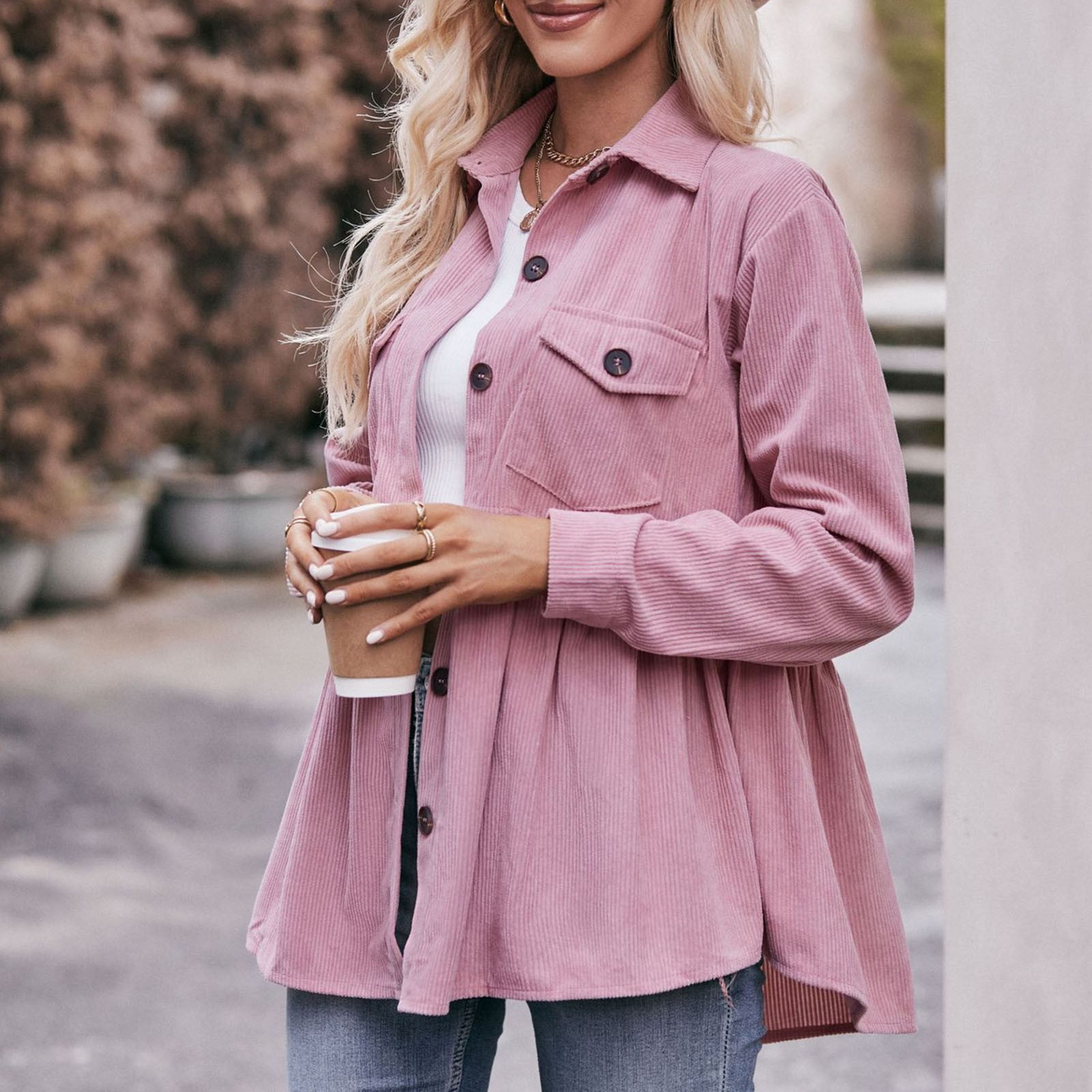 Women Corduroy Peplum Shacket Jacket Long Sleeve Button Down Babydoll Shirts Oversized Casual Collared Blouses Tops Pink L
