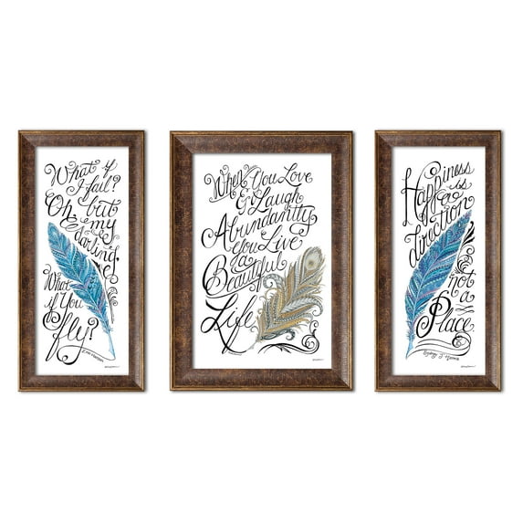 Gango Home D?cor Traditional What if I Fail?, Live a Beautiful Life, & Happiness is a Direction by Deb Strain (Ready to Hang); Three 8x18in Gold Trim Framed Prints