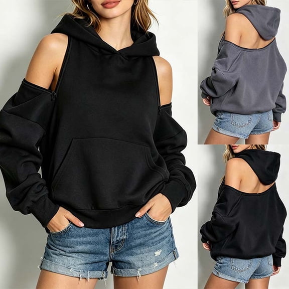 CAIXIA Cold Shoulder Women's Hoodies Pullover Graphic Pullover Cotton Casual Cozy Long Sleeve Hoodie 90s Oversized Sweatshirts for Women with Kangaroo Pocket Solid Color Fall Clothes