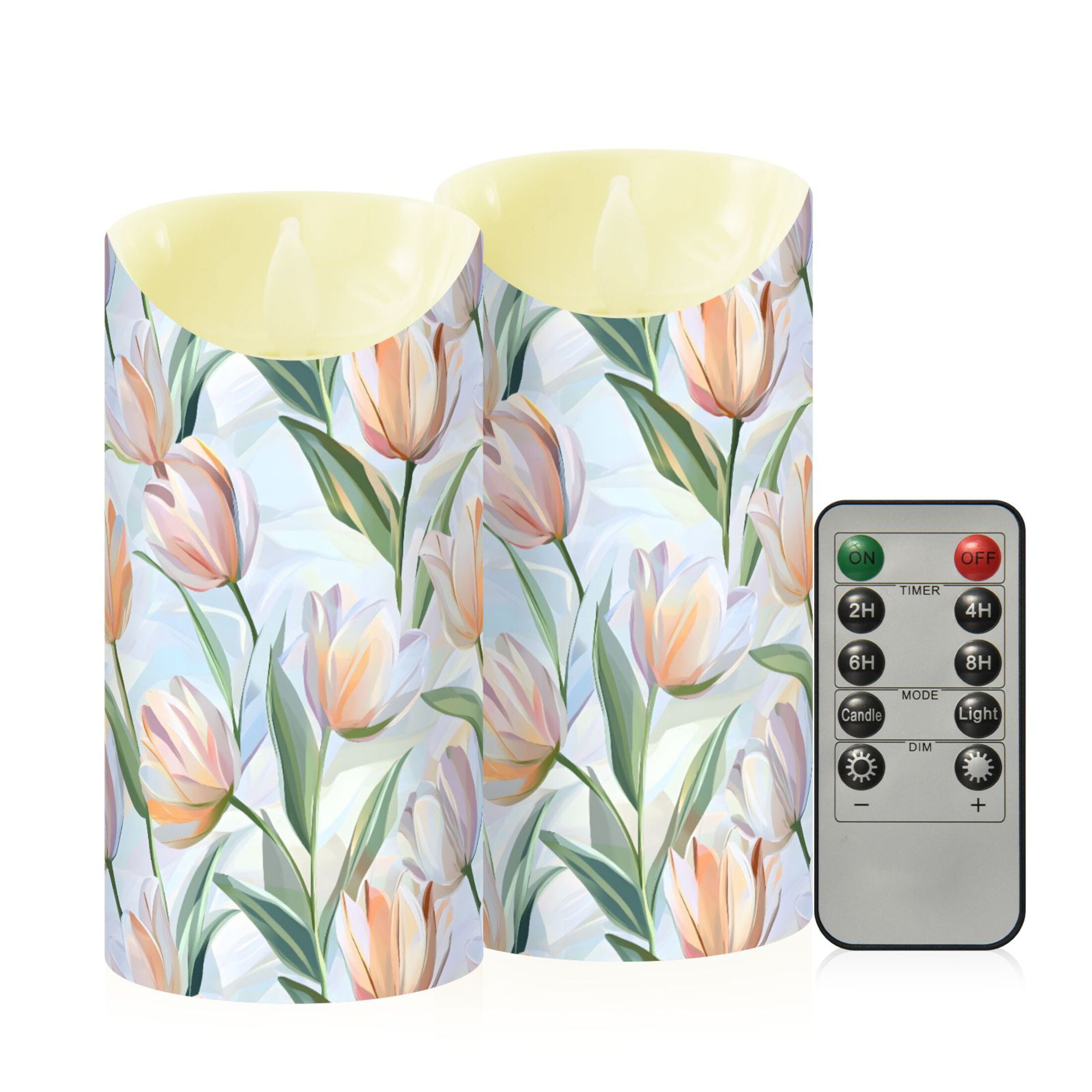 Soft Tulip Pattern Flameless Candles 2 PCS with Remote Realistic Moving Flame LED Tapered Pillar Set for Home Decor