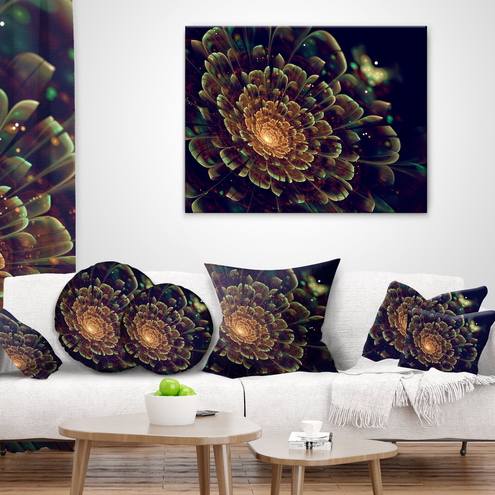 Designart Orange Metallic Fractal Flower - Abstract Throw Pillow - 16x16