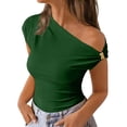 thumbnail image 3 of Rvasteizo Womens Summer Short Sleeve Off The Shoulder Blouses Solid Color Short Sleeve Off Shoulder Metal Button Style Top, 3 of 5