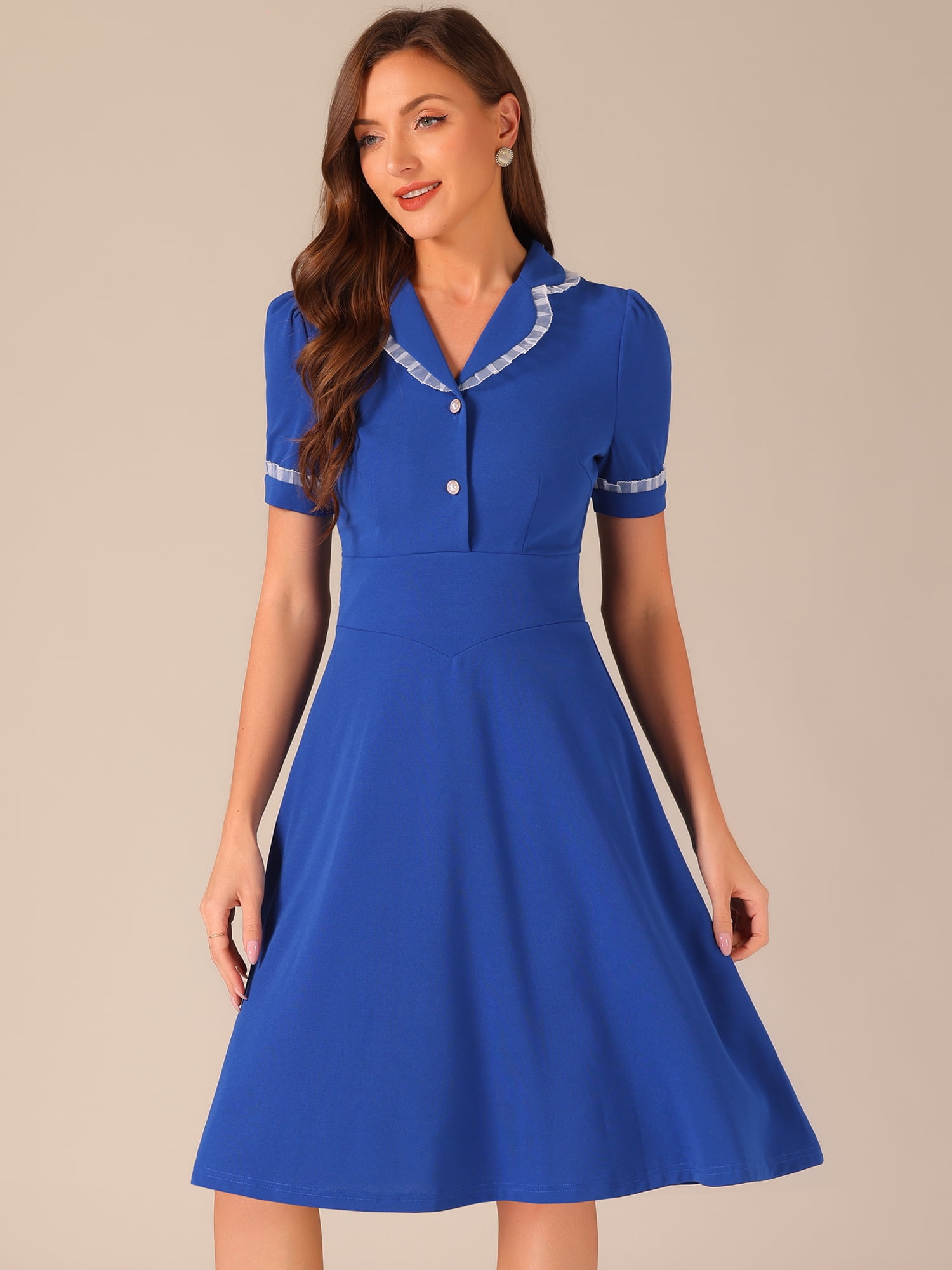 DARING DIVA Women's Vintage Puff Sleeve Peter Pan Collar Dress L Royal Blue