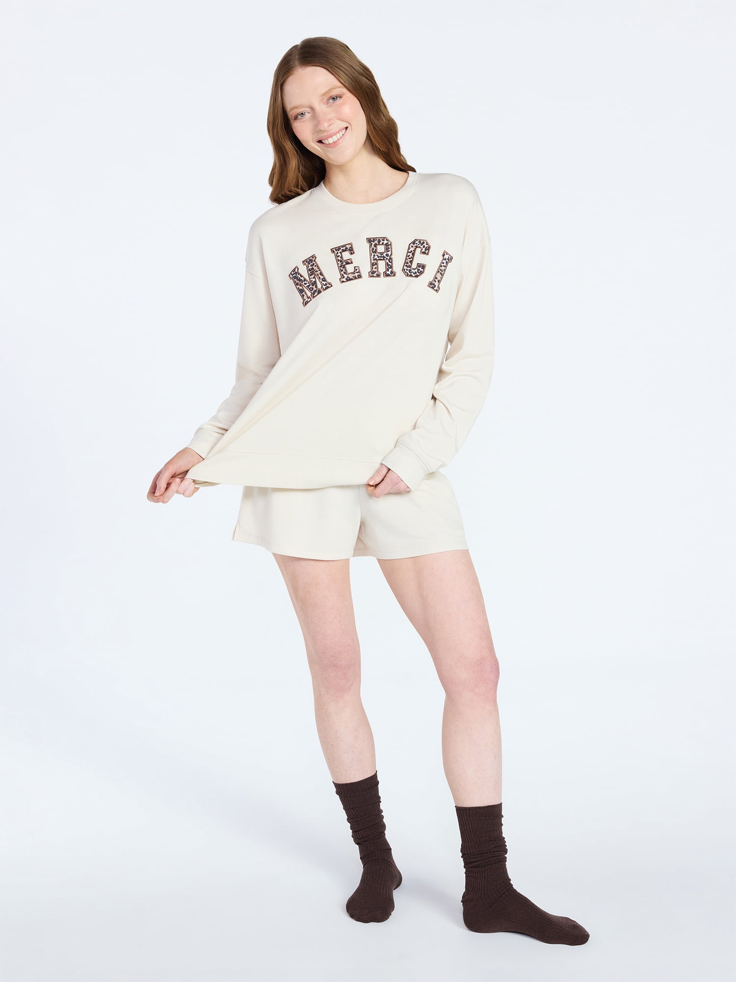 Joyspun Women's French Terry Knit Long Sleeve Lounge Sleep Top, Sizes XS-3X