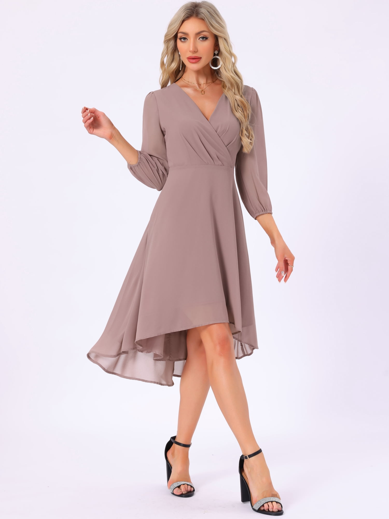 DARING DIVA Chiffon V-Neck Midi Cocktail Dress L Grey Pink